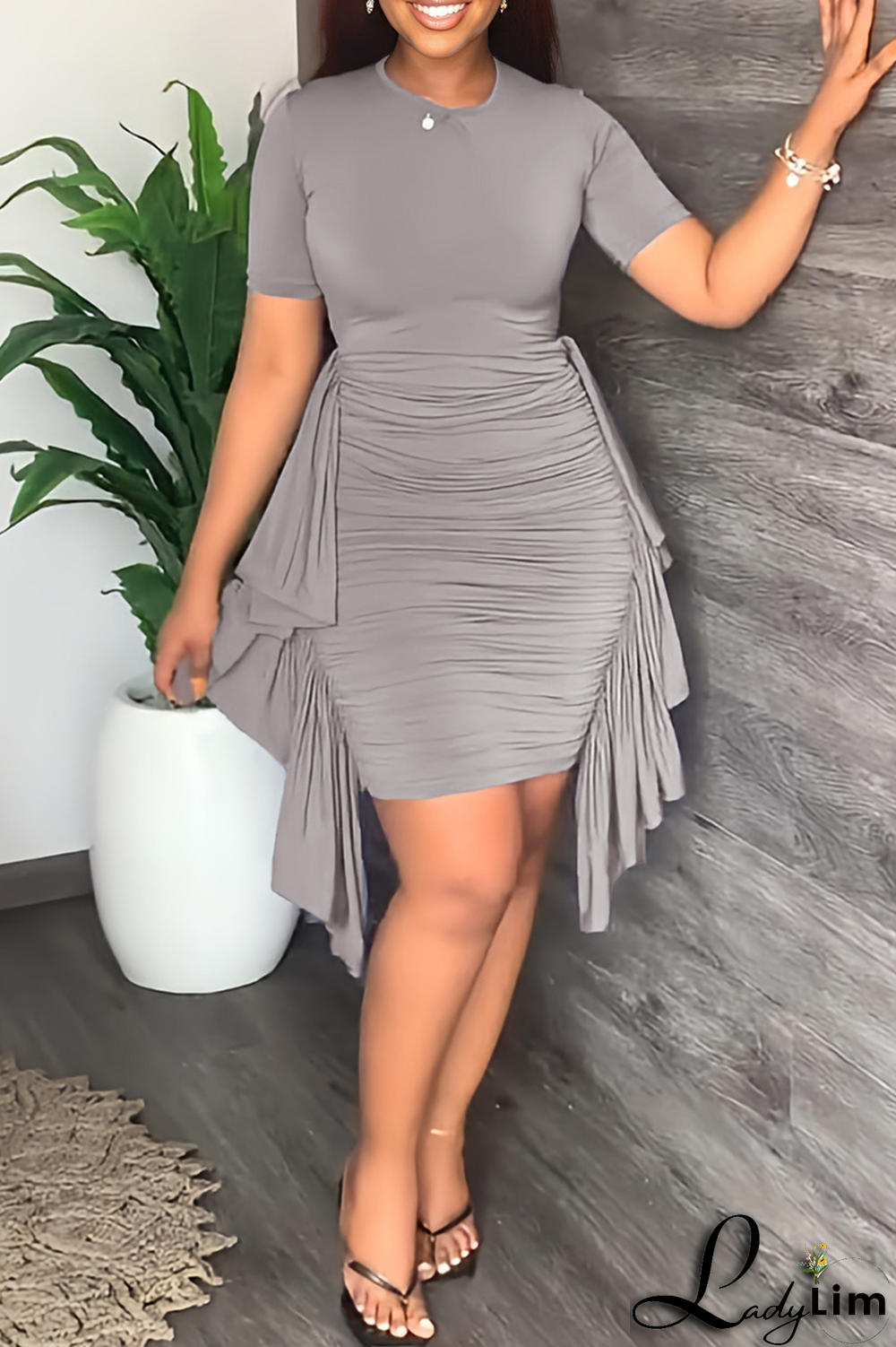 Yellow Fashion Solid Flounce Fold O Neck Pencil Skirt Dresses