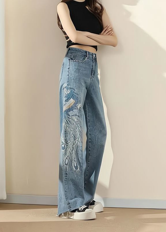 VCSHOES Blue Pockets Embroideried Nail Bead Denim Pants Spring