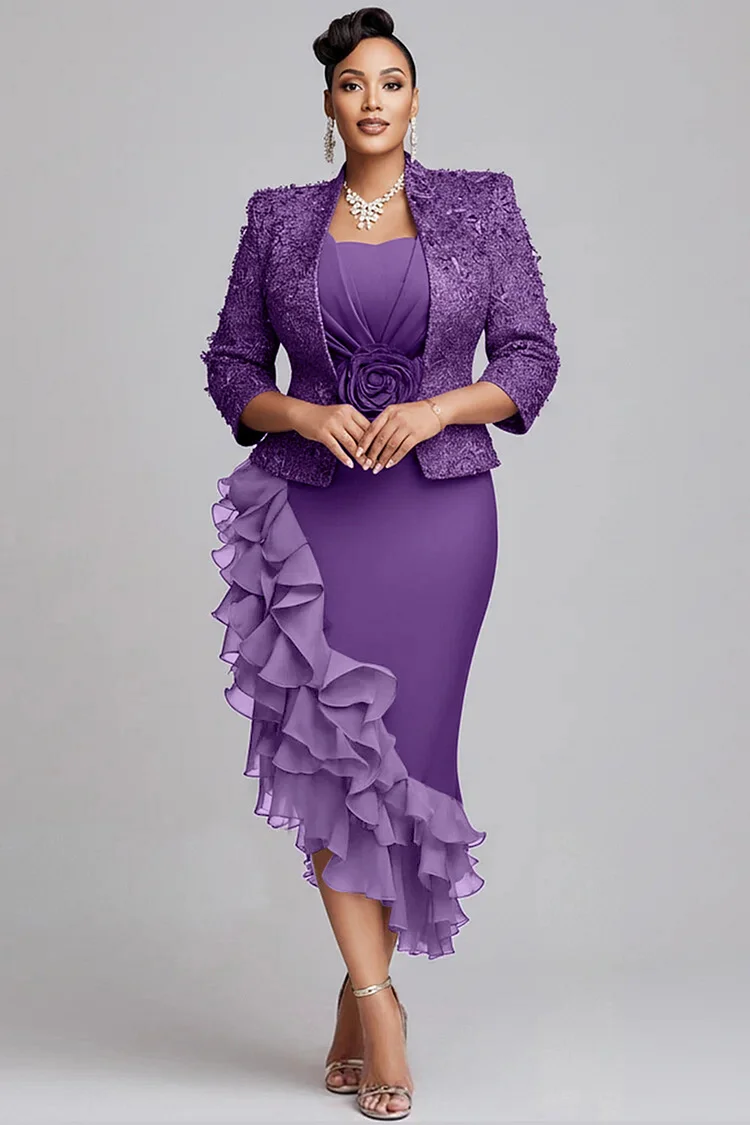 Xpluswear Design Plus Size Churchs Gold 3/4 Sleeve Ruffle Elegant 3D Two  Piece Dress Set - Xpluswear.com