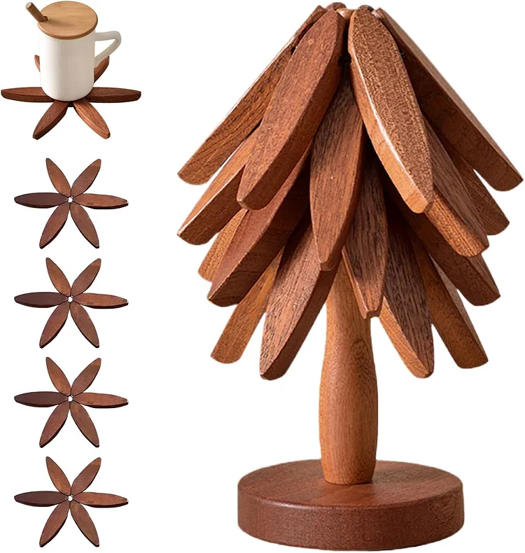 🎁Christmas Early Discount 49% Off✨Natural Tree Trivet Set - 4 Wooden Trivets & 1 Stand Like a Christmas Tree 