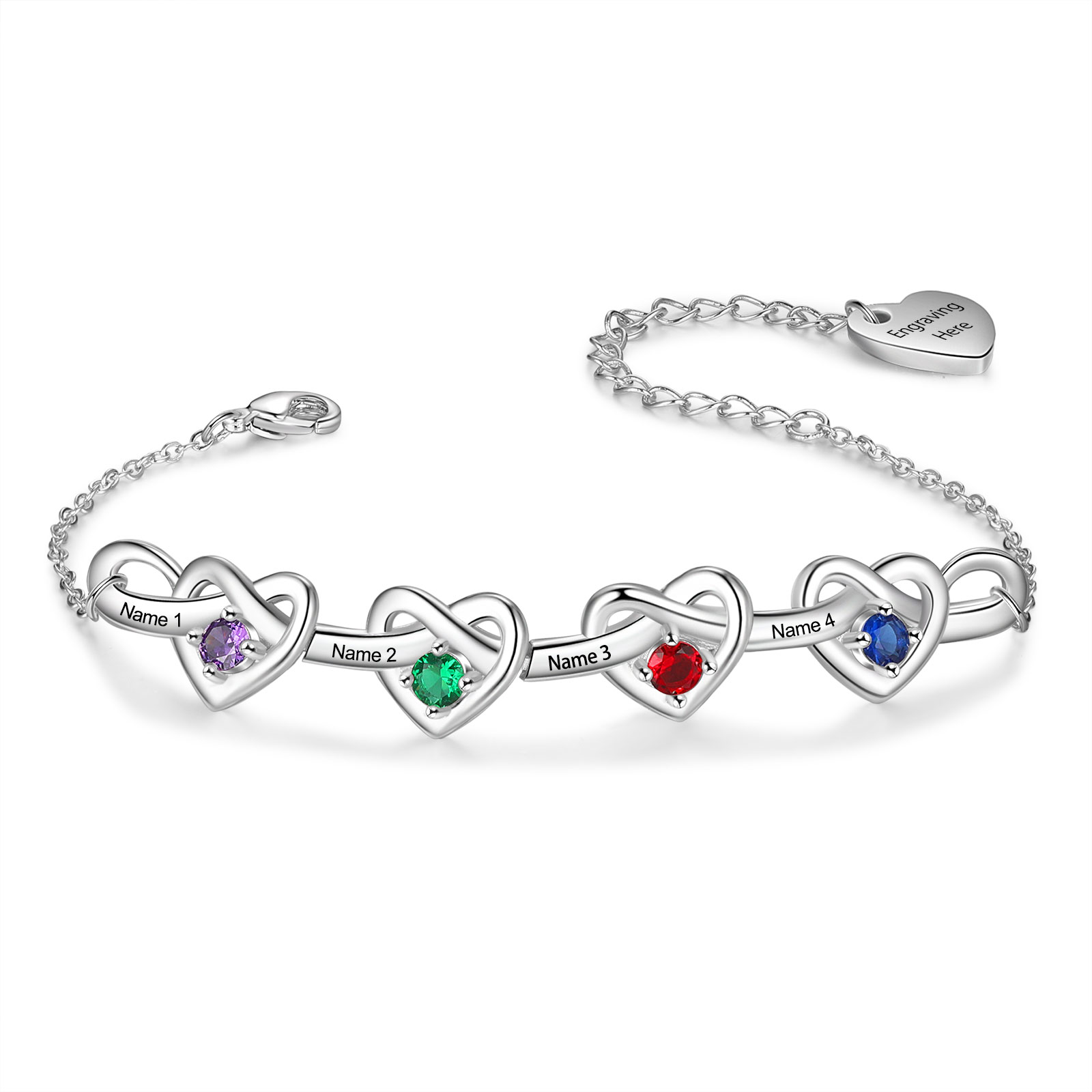 4 Names - Personalized Linked Heart Bracelet Custom 4 Birthstones Engraved Text Bracelets- Mother's Day Gift for Mom/Grandma