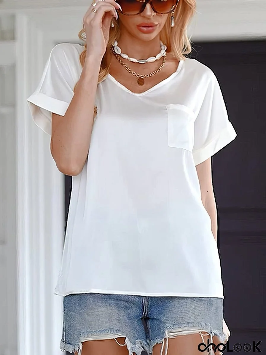 V Neck Pocket Rolled Short Sleeve Loose Casual T-Shirt