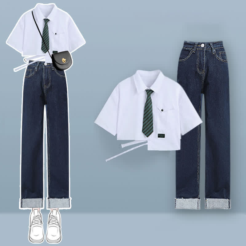 Lattice Print Drawstring Lapel T-Shirt Loose Denim Pants
