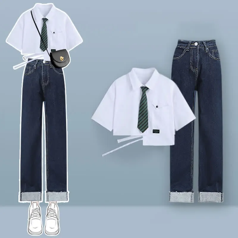 Lattice Print Drawstring Lapel T-Shirt Loose Denim Pants