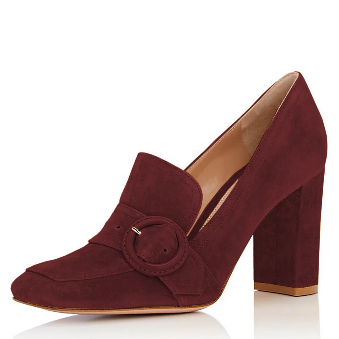 Maroon Square Toe Vegan Suede Chunky Heeled Loafers with Buckle