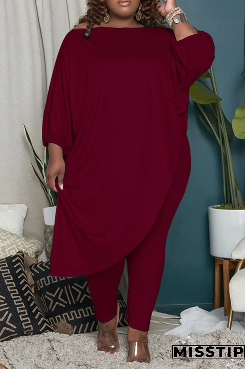 Green Fashion Casual Solid Asymmetrical Oblique Collar Plus Size Two Pieces