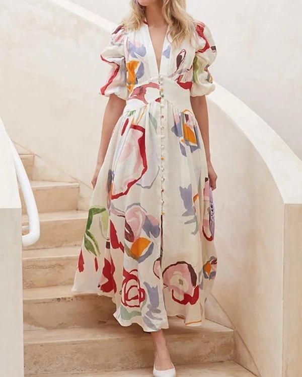 casual floral print puff sleeve a line holiday maxi dress p467957