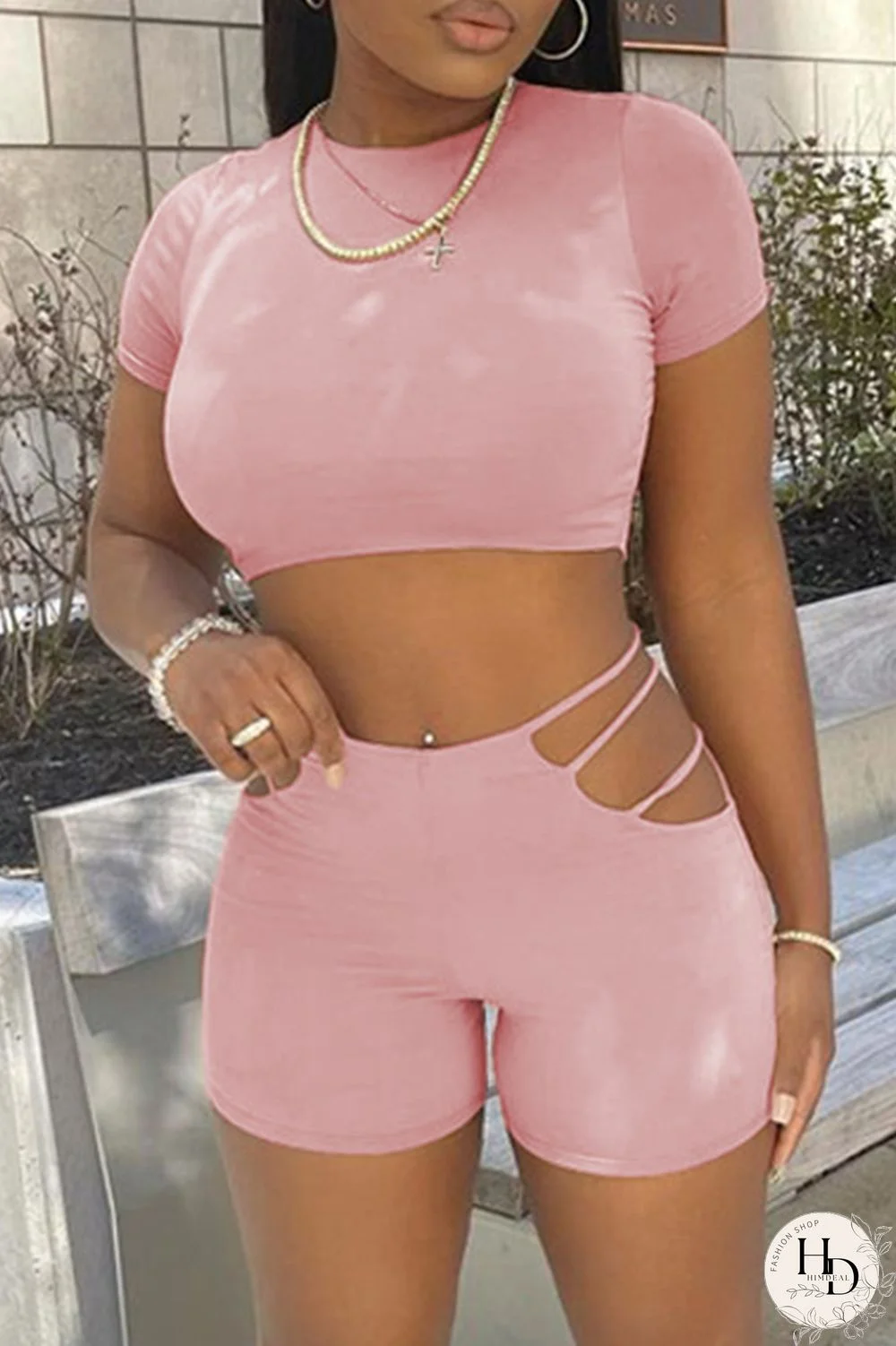 Pink Fashion Casual Solid Hollowed Out O Neck Short Sleeve Two Pieces