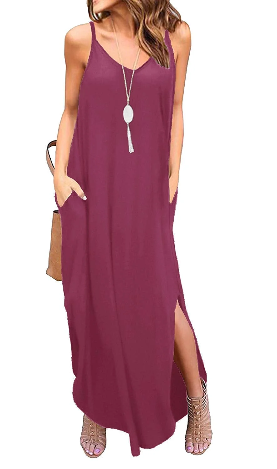 Women's Summer Casual Loose Dress Long Cami Maxi Dresses with Pocket