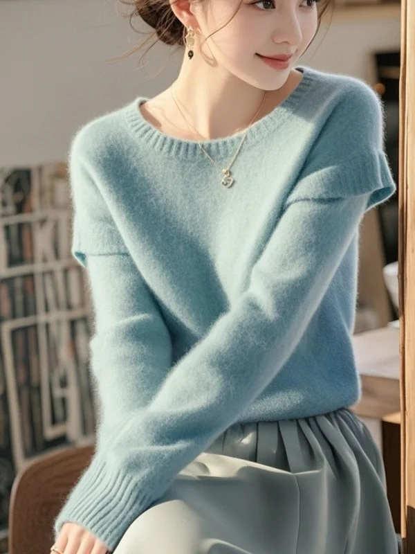 Athvotar Athvotar Hair Blue Soft-Masted Sweater Mid-Autumn 2025 Autumn/Winter New Design Sense Of Ntong T-Shirt Woman