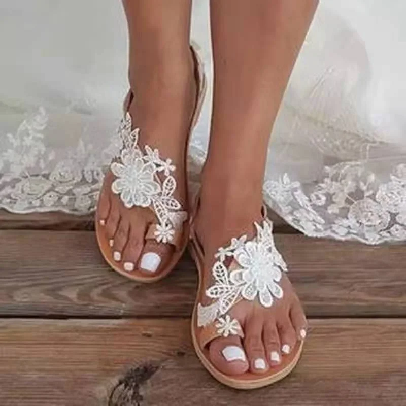 New Summer Women Flat Beach Sandals Gladiator White Lace Ladies Wedding Shoes Open Toe Roman Flip Flop Sandalias Mujer