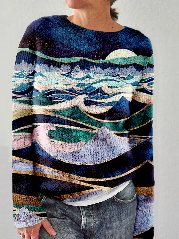 Moonlit Ocean Art Pattern Crew Neck Cozy Sweater  artssus