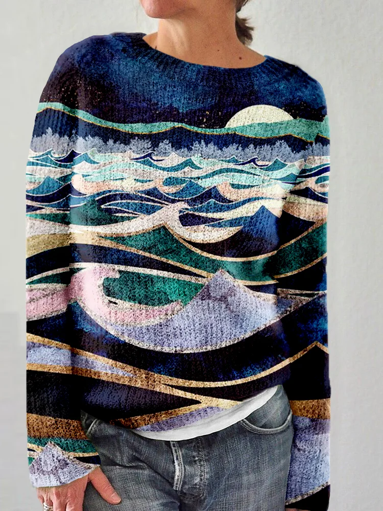 Moonlit Ocean Art Pattern Crew Neck Cozy Sweater