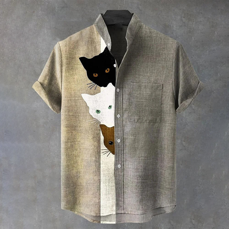 Vintage Funny Black Cat Art Print Casual Cotton Shirt  artssus