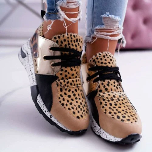 2020 New Women Casual Shoes Breathable Ladies Sneakers Leopard Print Faux Fur Sneakers Lace-up Platform Sports Shoes Women