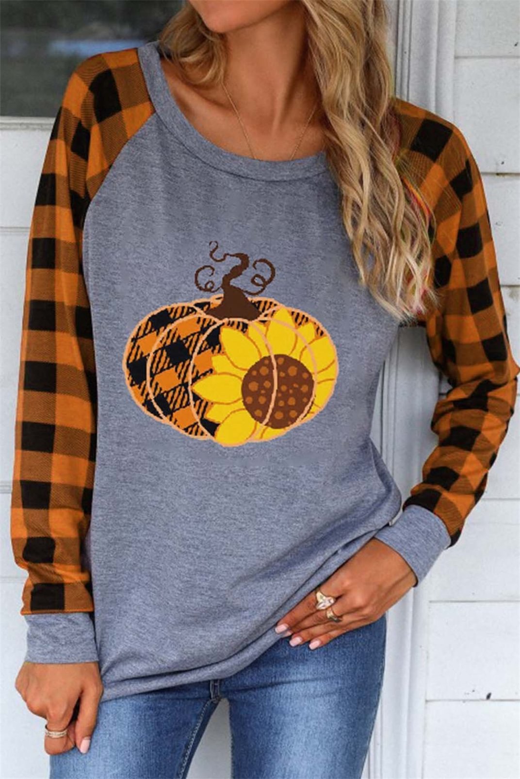 Halloween Pumpkin Face Plaid Long Sleeve T-Shirt Tee - Gray