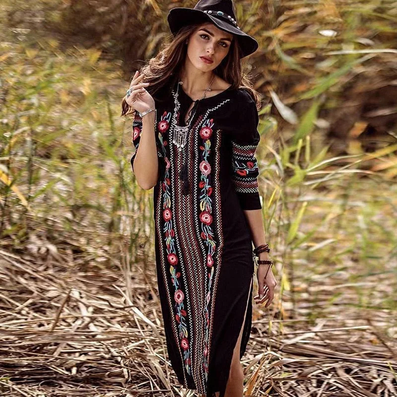 Fitshinling Ethnic Style Embroidery Beach Dress Holiday Vintage Side Split Black Pareos 2020 Bohemian Slim Dresses For Women New