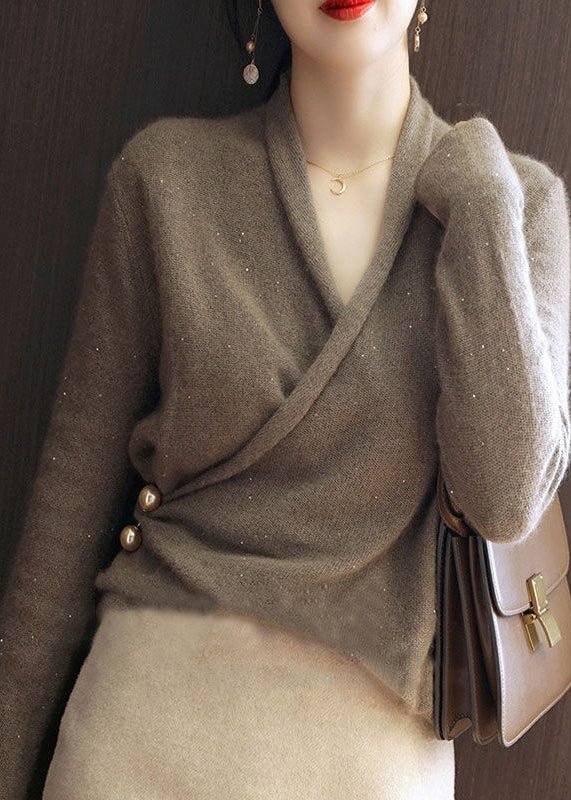 Modern coffee V Neck thick Cashmere Knitted Sweater Tops Long Sleeve