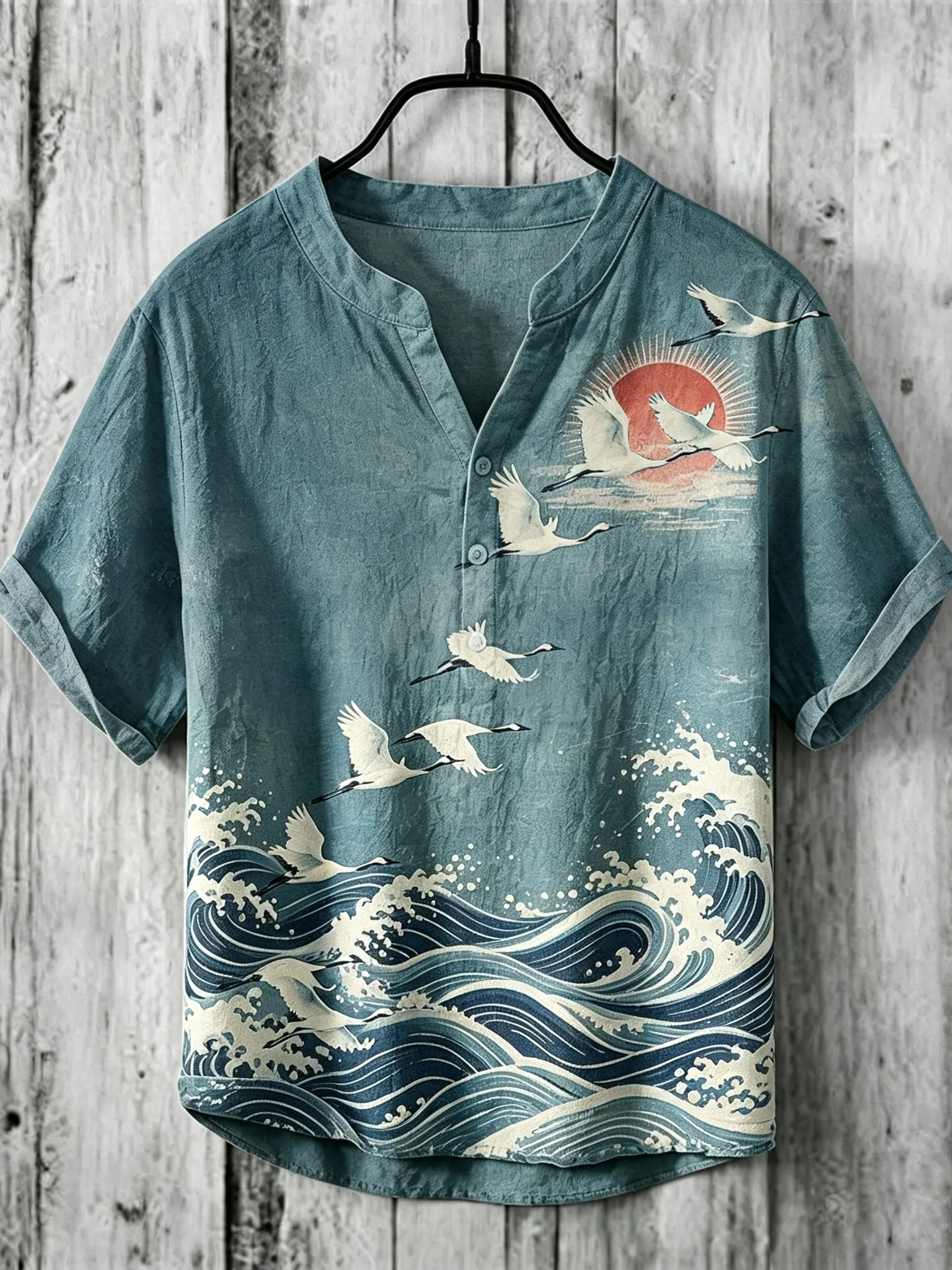 Men's Retro Japanese Art Ukiyo-e Crane And Wave Print Cotton Linen Top  artssus
