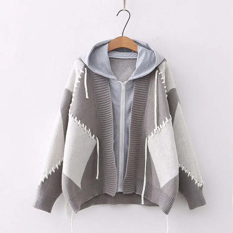 Colorblock Lace Up Fake Two Pieces Hooded Cardigan Sweater - Modakawa Modakawa
