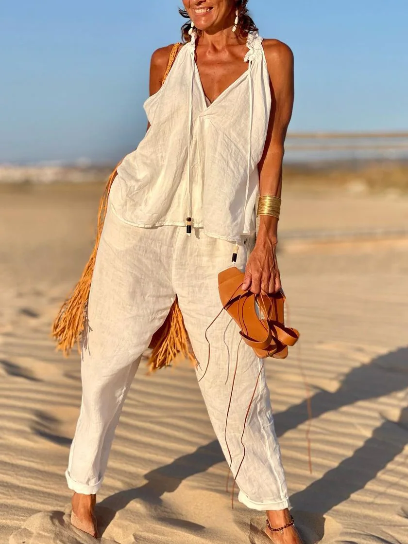 Solid Color Sleeveless V Neck Suits