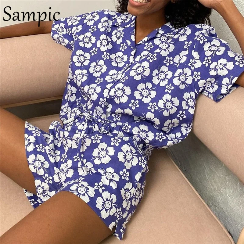 Toloer Casual Matching Summer Plaid Floral Sets Women Tracksuit Loose Shirt Tops And Mini Shorts Two Piece Set Lounge Wear 2021