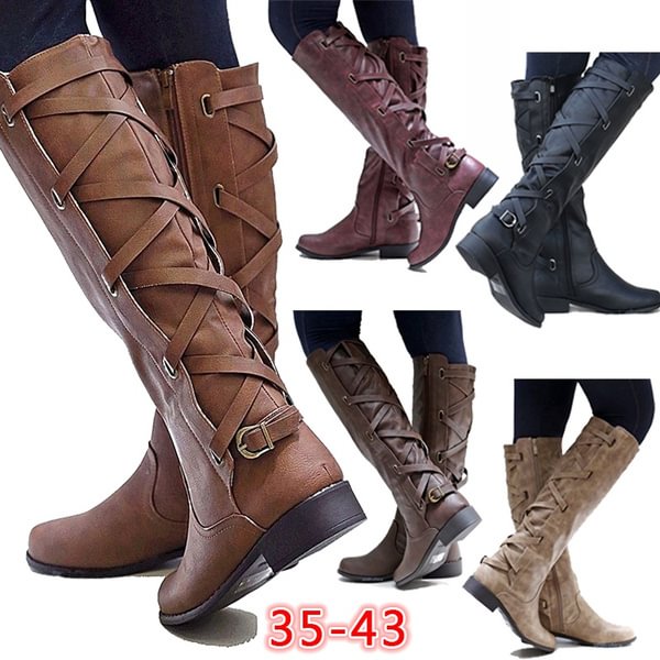 Women's Fashion Buckle Riding Leather Boots Knee High Cowboy Boots Retro Winter Boots Plus Size 35-43 (Please Choose One Size Bigger Than Usual) - Shop Trendy Women's Fashion | TeeYours