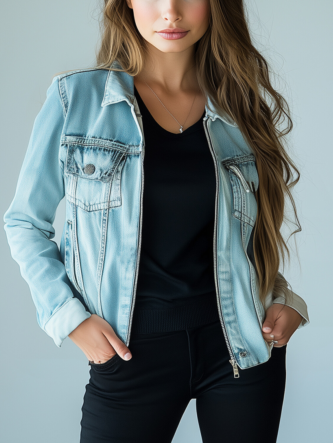 Ursime Turndown Collar Zipper Long Sleeve Denim Jacket