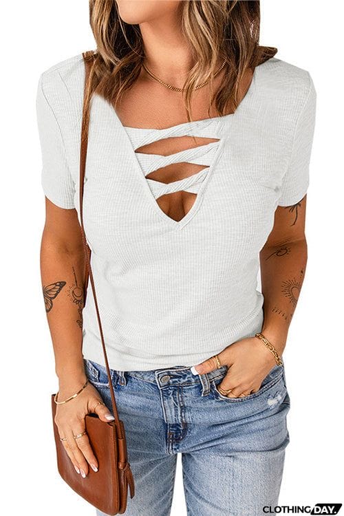Strappy Hollow Neck Knit T Shirt