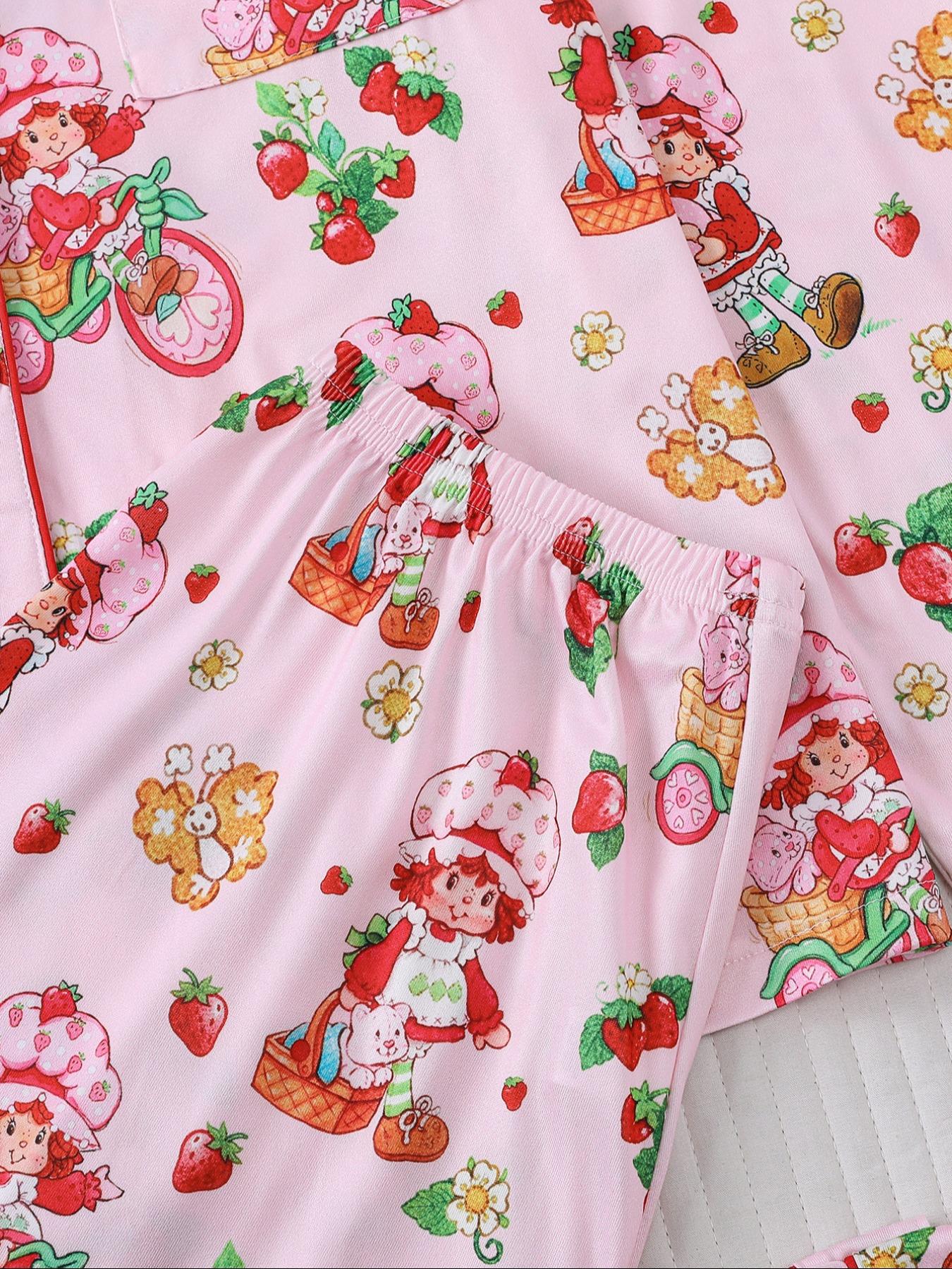 Women's Cute Strawberry Pattern Print Sleepwear Set, Long-Sleeve Button-Up Top & Elastic-Waist Pants, Casual Fall Winter Pajamas Pjs, Comfortable Home Wear Loungewear