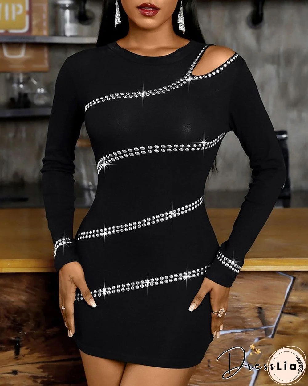 Cutout Rhinestone Decor Long Sleeve Bodycon Dress Black Dresses