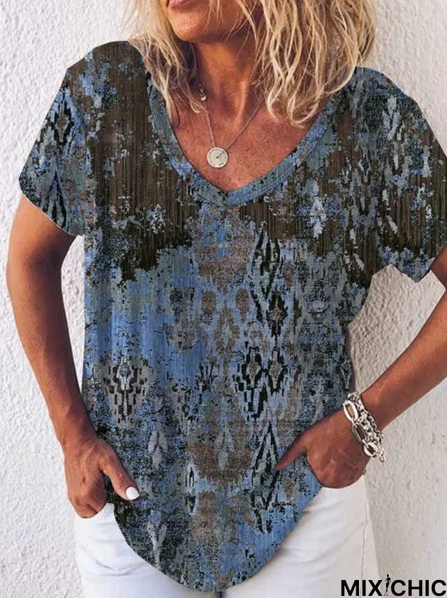 Paisley Short Sleeve Printed  Cotton-blend  V neck Boho Summer Blue Top