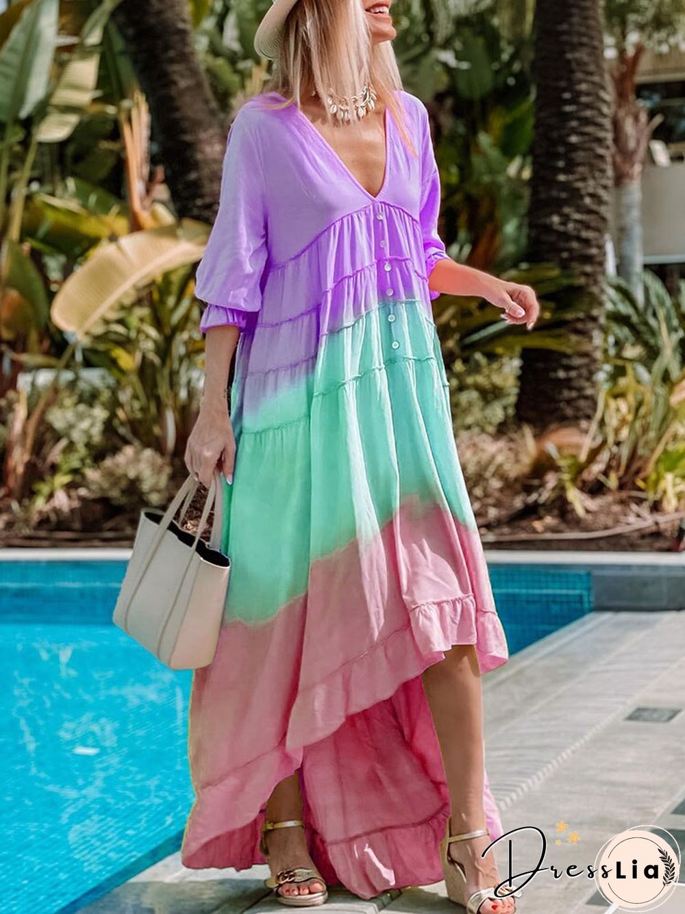 Summer Fashion Rainbow Multicolor Irregular Dress Women Casual Half Sleeve V Neck Button Ruffle Loose Big Hem Beach Dresses