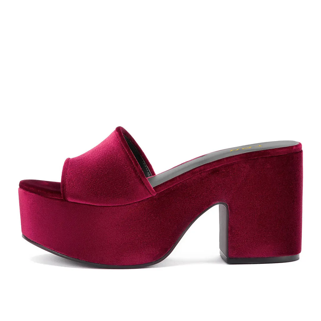Burgundy Velvet Open Round Toe Platform Mules with Chunky Heel