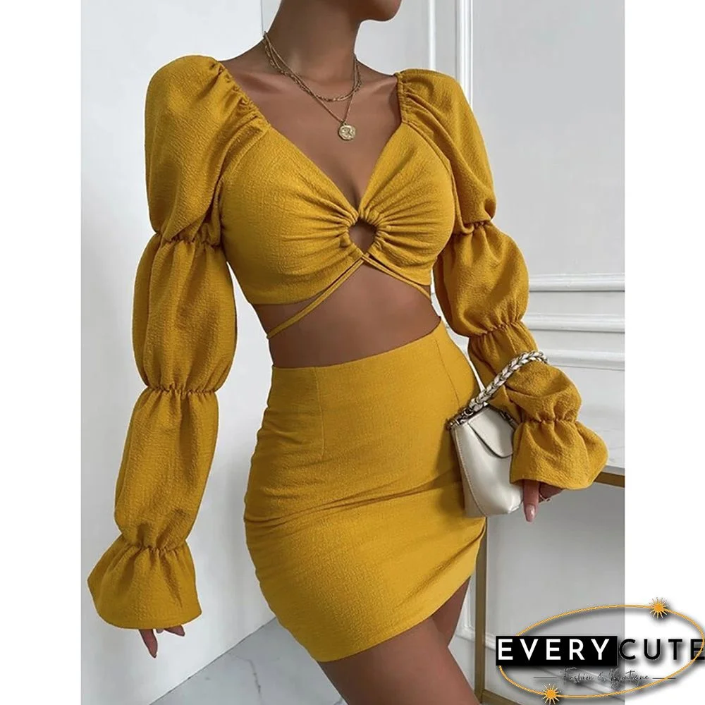 Yellow Hollow-out V Neck Crop Top and Skirts 2pcs Set