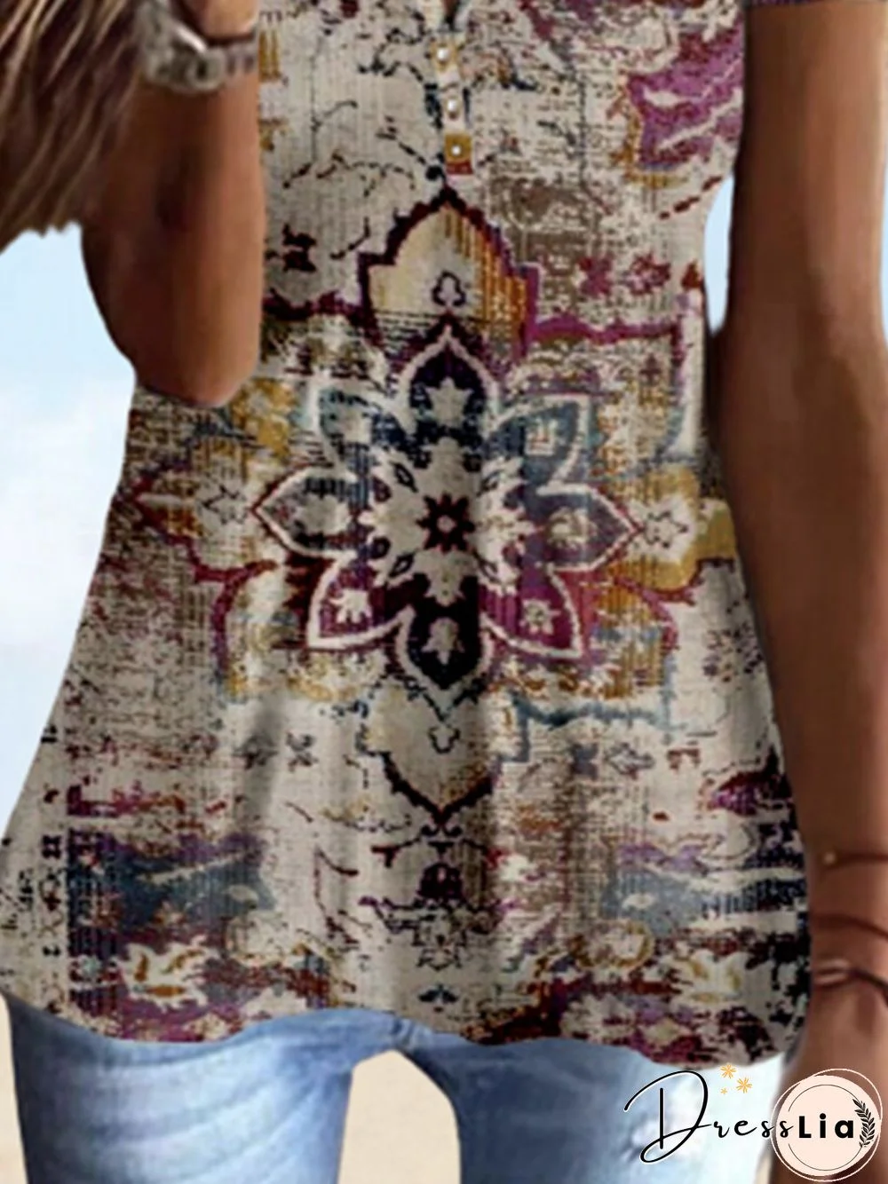 Ethnic Short Sleeve Buttoned Crew Neck Plus Size Casual T-Shirt