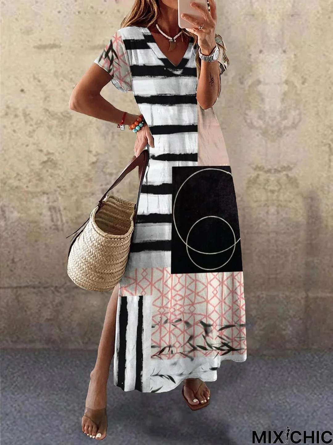 Casual Abstract Short Sleeve V Neck Printed Dress