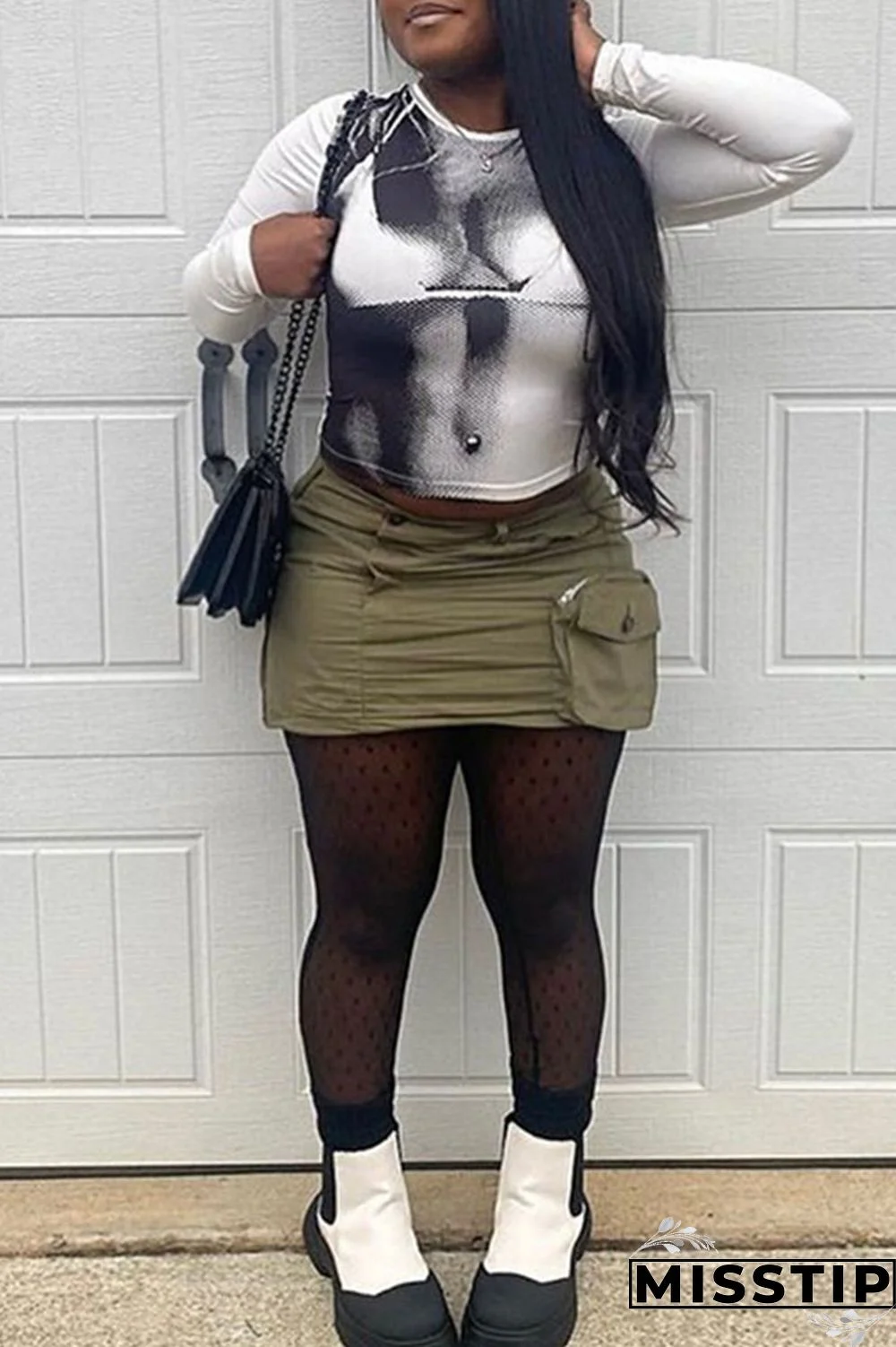 Green Sexy Print Patchwork O Neck Tops