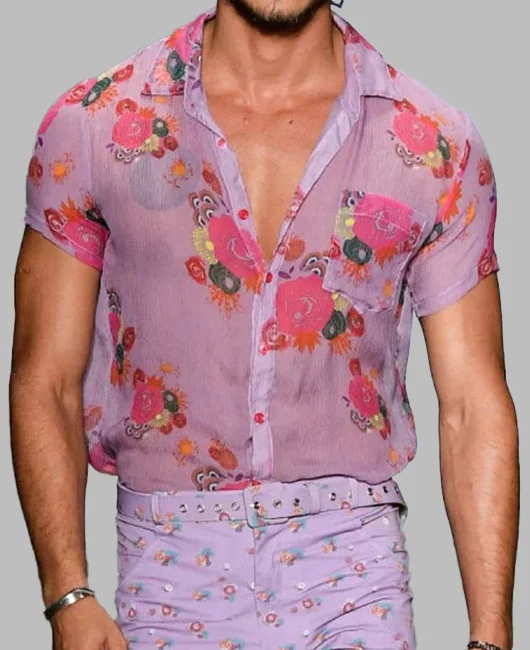 Casual See-through Mesh Buttons Floral Print Shirt 
