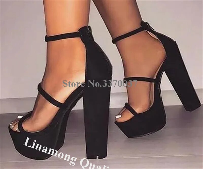 VCSHOES Black Suede High Platform Chunky Heel Sandals Thin Straps Back Zipper-up Thick High Heel Sandals Big Size