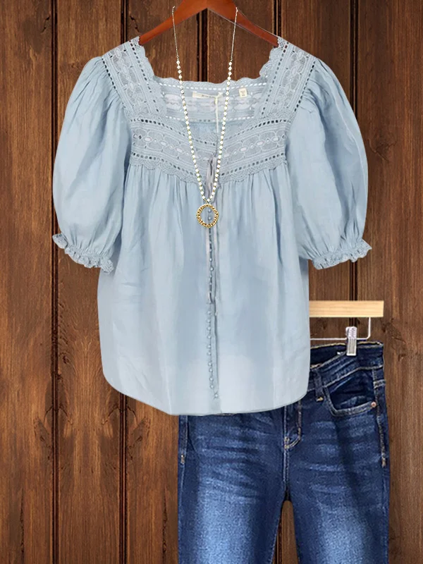 Casual Retro Lace Short Sleeve Top