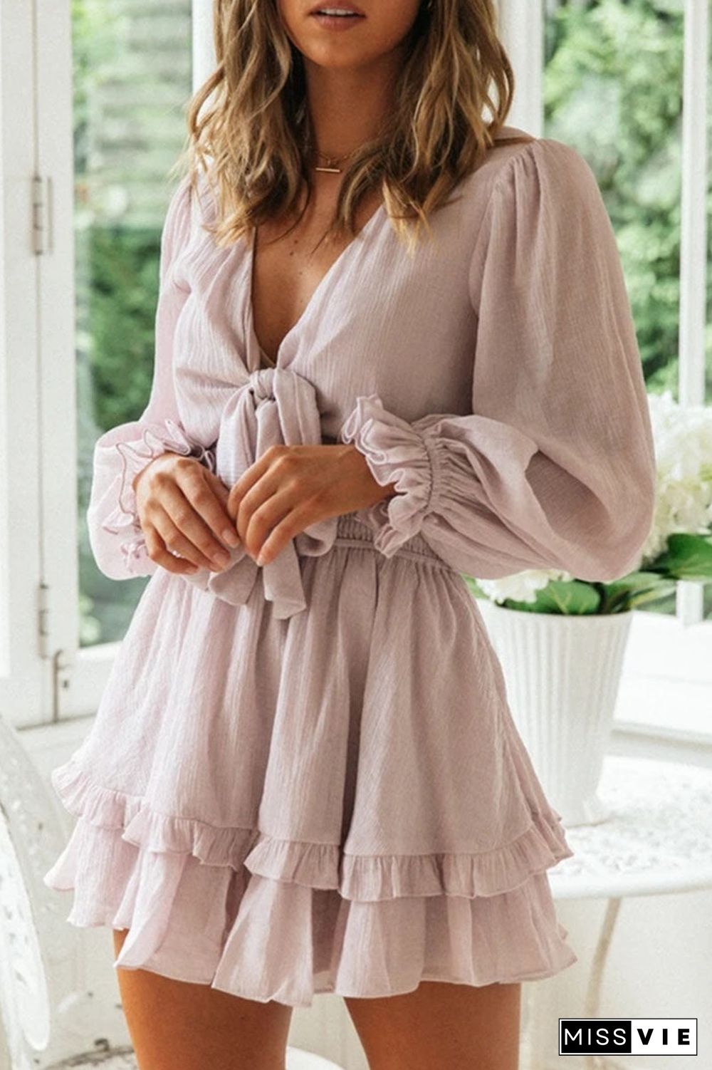 Fashion Street Solid Patchwork V Neck A Line Dresses