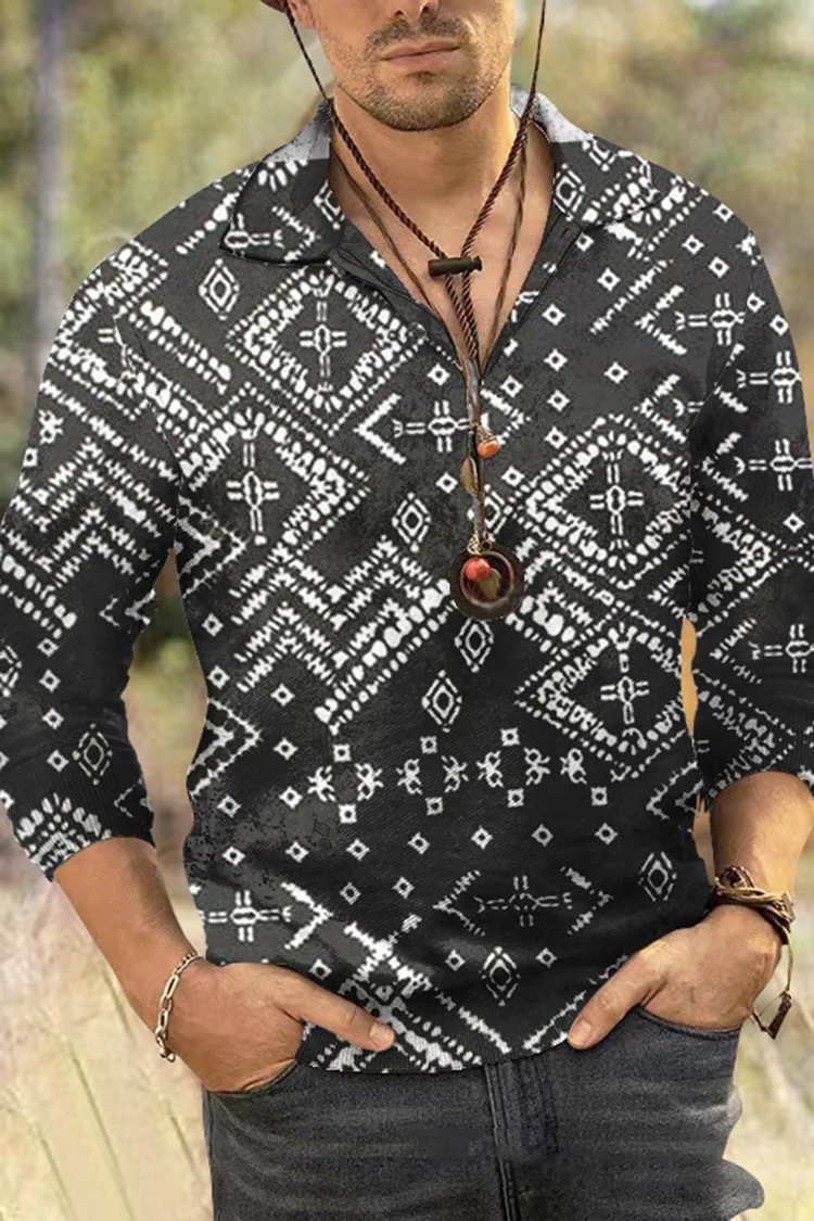 Men's Ethnic Print Long Sleeve Polo Shirt