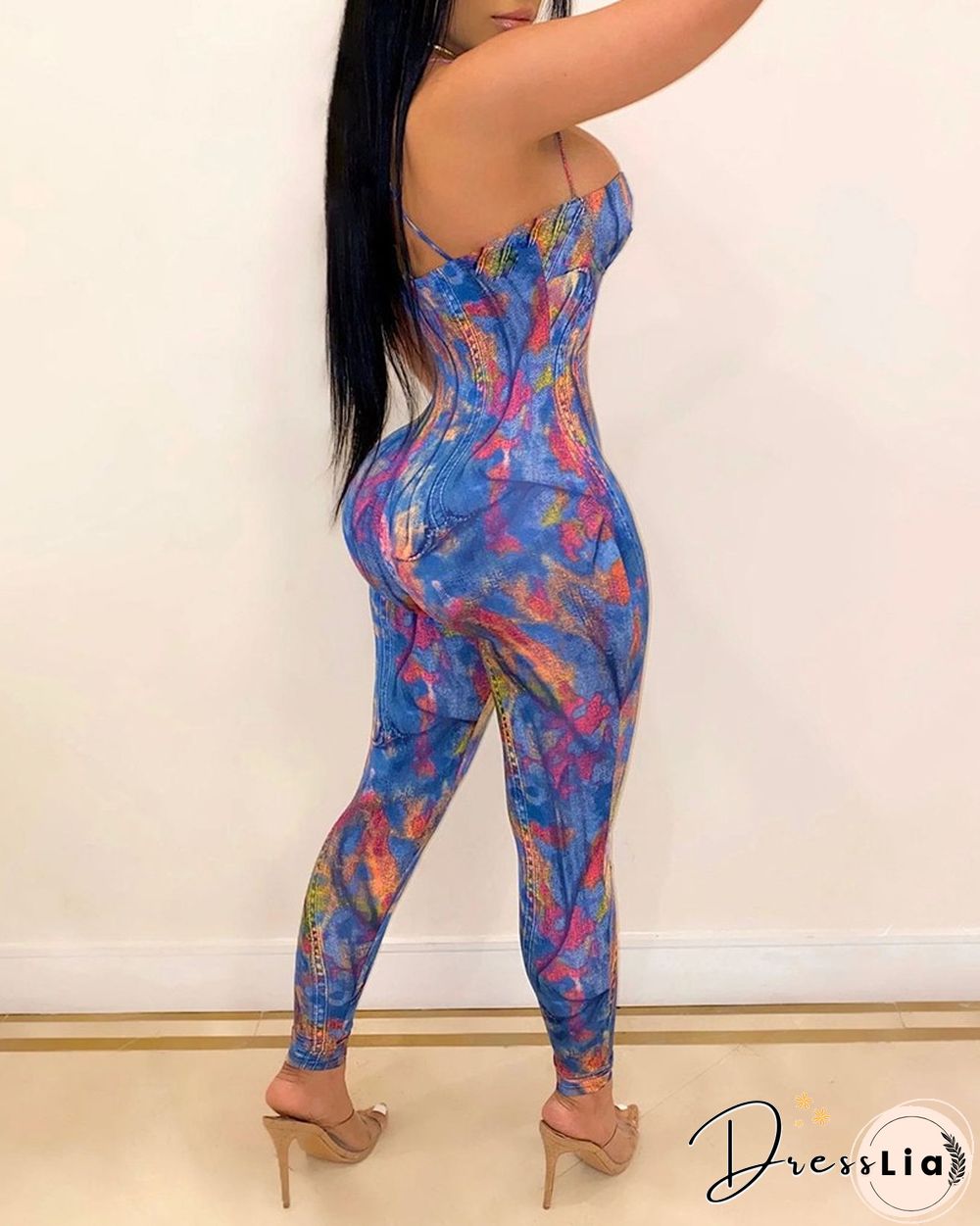 Tie Dye Sleeveless Slim Strappy Jumpsuit