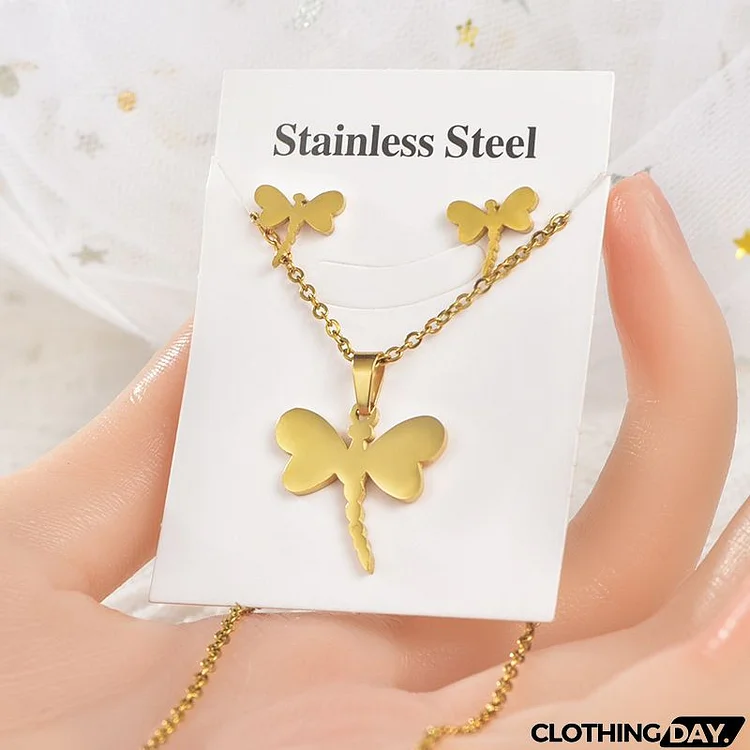 Women's Creative Stainless Steel Gold Plated Animal Heart Necklace Earrings 2Pcs/Set