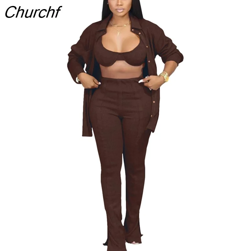 Churchf Women Tracksuirt 3 Piece Set Sweater Shirt +Long Pants Knit Ribbed Streetwear Matching Set Clothes For Women Outfit