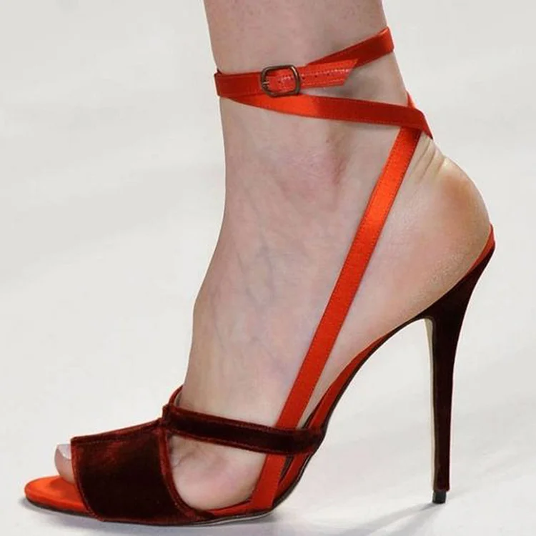 Women's Open Toe Velvet Sandal Elegant Ankle Strap Buckle Shoes Party Stiletto Heels |FSJ Shoes