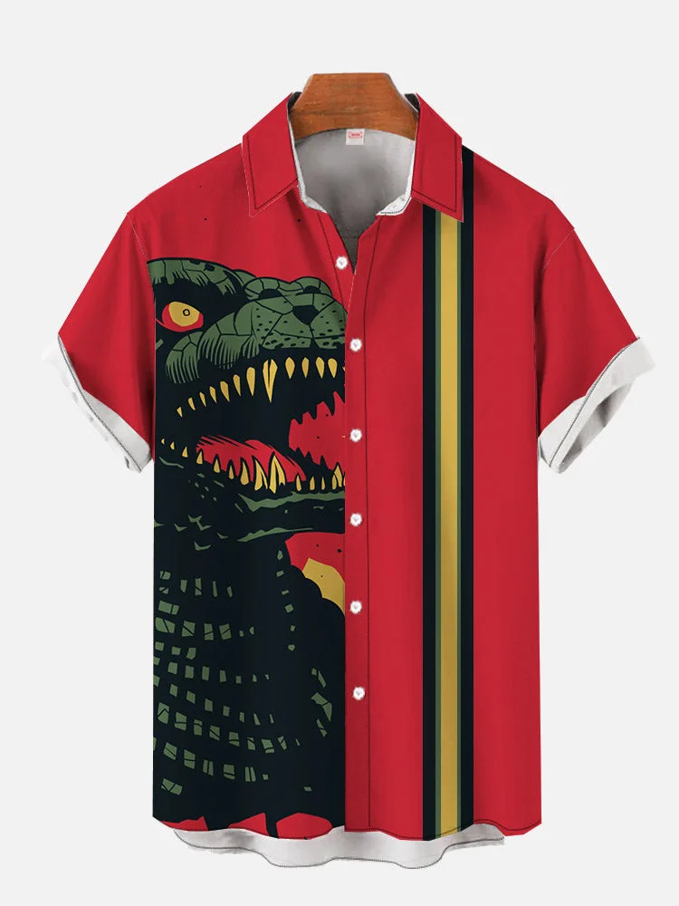 Red And Yellow Matching Godzilla Printing Men's Short Sleeve Shirt
