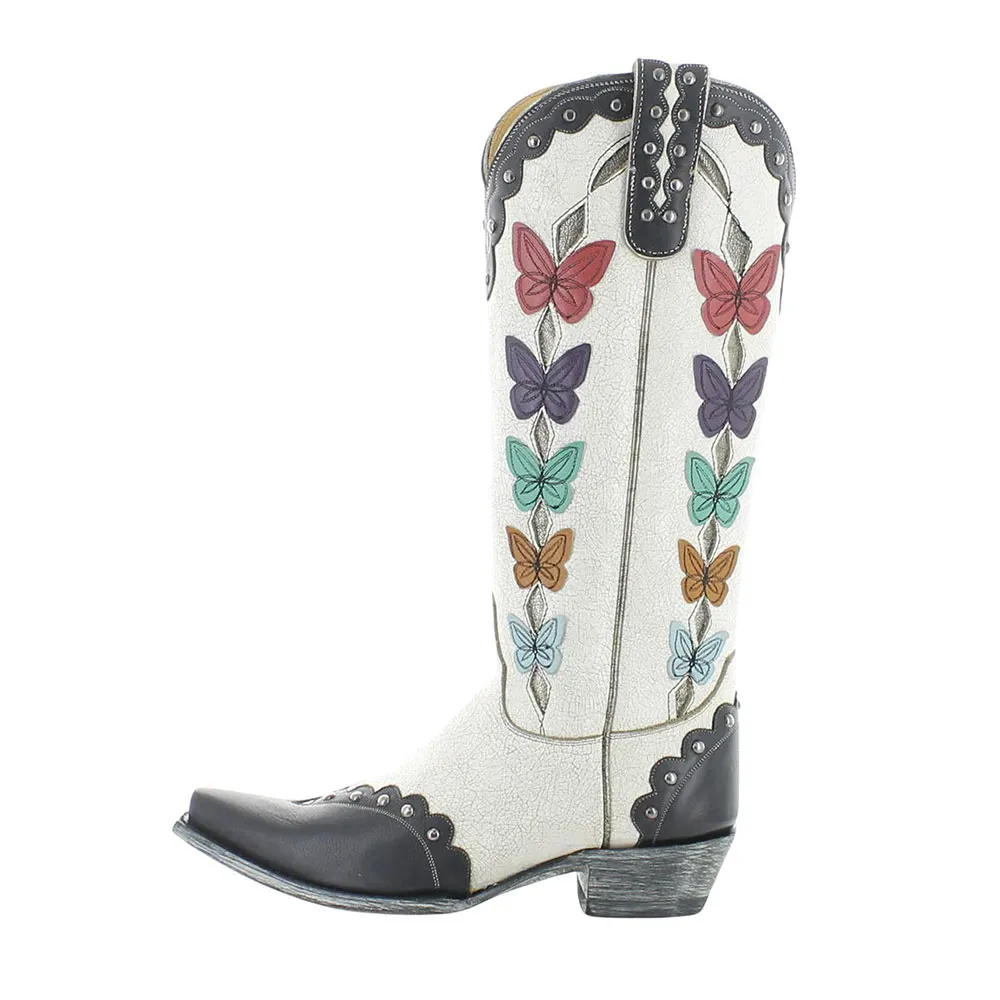 Black & White Studded Women's Western Boots with Colorful Butterfly