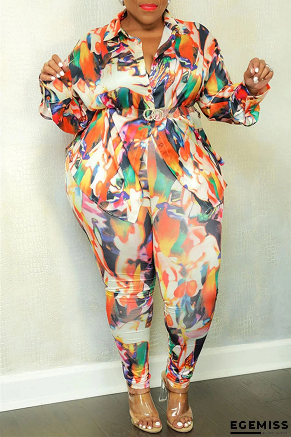 Orange Yellow Casual Print Patchwork Turndown Collar Plus Size Two Pieces | EGEMISS